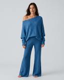Maxine | Off Shoulder Knit Two Piece Set – Lounge Wide Leg Pants Long Sleeve