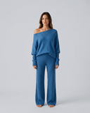 Maxine | Off Shoulder Knit Two Piece Set – Lounge Wide Leg Pants Long Sleeve