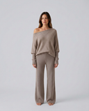 Maxine | Off Shoulder Knit Two Piece Set – Lounge Wide Leg Pants Long Sleeve