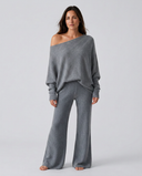 Maxine | Off Shoulder Knit Two Piece Set – Lounge Wide Leg Pants Long Sleeve