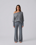 Maxine | Off Shoulder Knit Two Piece Set – Lounge Wide Leg Pants Long Sleeve