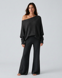 Maxine | Off Shoulder Knit Two Piece Set – Lounge Wide Leg Pants Long Sleeve
