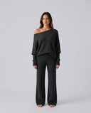 Maxine | Off Shoulder Knit Two Piece Set – Lounge Wide Leg Pants Long Sleeve