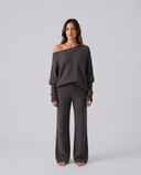 Maxine | Off Shoulder Knit Two Piece Set – Lounge Wide Leg Pants Long Sleeve
