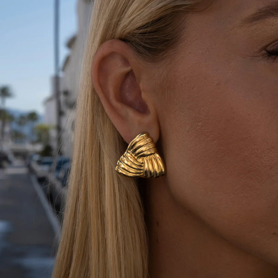Maya | Gold Ribbed Fan Stud Earrings – Chunky Statement Summer Party Jewellery