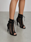 Mazarine | Mesh Ankle Boots – Evening Open Toe Lace Up Stiletto Heel Buckle Strap