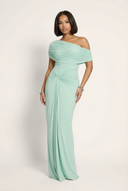 Melanie | Off Shoulder Maxi Dress – Ruched Draped Evening Formal Gown