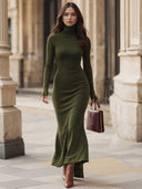 Melina | Turtleneck Maxi Dress – Casual Long Sleeve Asymmetric Hem Side Slit