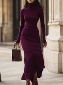 Melina | Turtleneck Maxi Dress – Casual Long Sleeve Asymmetric Hem Side Slit