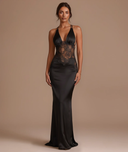 Meliora | Lace Panel Maxi Dress – Evening Plunge Neck Open Back Cross Straps