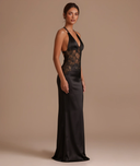 Meliora | Lace Panel Maxi Dress – Evening Plunge Neck Open Back Cross Straps