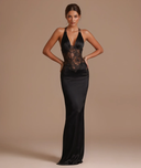 Meliora | Lace Panel Maxi Dress – Evening Plunge Neck Open Back Cross Straps