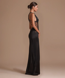 Meliora | Lace Panel Maxi Dress – Evening Plunge Neck Open Back Cross Straps