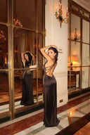 Meliora | Lace Panel Maxi Dress – Evening Plunge Neck Open Back Cross Straps