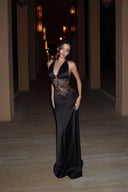 Meliora | Lace Panel Maxi Dress – Evening Plunge Neck Open Back Cross Straps