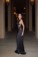 Meliora | Lace Panel Maxi Dress – Evening Plunge Neck Open Back Cross Straps