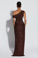 Melora | Rhinestone Maxi Dress – Evening One Shoulder Ruched Draped Front