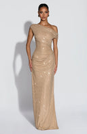 Melora | Rhinestone Maxi Dress – Evening One Shoulder Ruched Draped Front