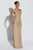 Melora | Rhinestone Maxi Dress – Evening One Shoulder Ruched Draped Front