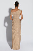Melora | Rhinestone Maxi Dress – Evening One Shoulder Ruched Draped Front