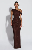 Melora | Rhinestone Maxi Dress – Evening One Shoulder Ruched Draped Front