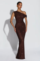Melora | Rhinestone Maxi Dress – Evening One Shoulder Ruched Draped Front