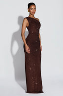 Melora | Rhinestone Maxi Dress – Evening One Shoulder Ruched Draped Front