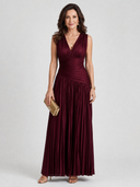 Merryn | Pleated Solid Maxi Dress – Wedding Guest V Neck Sleeveless Ruched