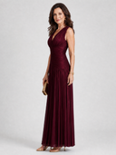 Merryn | Pleated Solid Maxi Dress – Wedding Guest V Neck Sleeveless Ruched