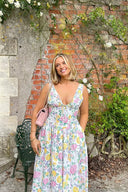 Michelle | Floral Midi – V Neck Sleeveless Corset Bodice Full Skirt Garden Party Dress