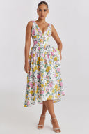 Michelle | Floral Midi – V Neck Sleeveless Corset Bodice Full Skirt Garden Party Dress