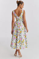 Michelle | Floral Midi – V Neck Sleeveless Corset Bodice Full Skirt Garden Party Dress