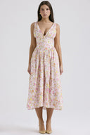 Michelle | Floral Midi – V Neck Sleeveless Corset Bodice Full Skirt Garden Party Dress