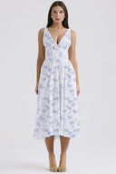 Michelle | Floral Midi – V Neck Sleeveless Corset Bodice Full Skirt Garden Party Dress