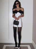 Micky | Two Tone Off Shoulder Mini – Contrast Bow Bardot Bodycon Party Cocktail Dress