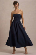 Mikayla | Strapless Pleated Midi Dress – Party Foldover Neck Full Skirt