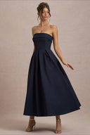 Mikayla | Strapless Pleated Midi Dress – Party Foldover Neck Full Skirt