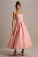 Mikayla | Strapless Pleated Midi Dress – Party Foldover Neck Full Skirt