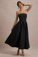 Mikayla | Strapless Pleated Midi Dress – Party Foldover Neck Full Skirt