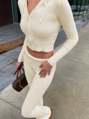 Milan | Ribbed Knit Two Piece Set – Casual Zip Hoodie Wide Leg Pants