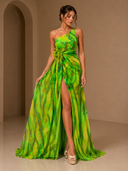 Mitchell | One Shoulder Abstract Maxi Dress – Floral Applique High Slit Evening Gown
