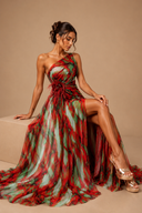 Mitchell | One Shoulder Abstract Maxi Dress – Floral Applique High Slit Evening Gown