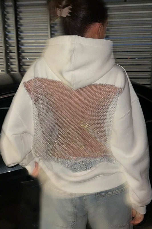 Moira | Sheer Mesh Panel Hoodie – Casual Long Sleeve Open Back Front Pocket