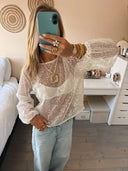 Monica | Sequin Mesh Top – Sheer Long Sleeve Round Neck Party Festival Top