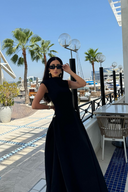 Monika | Solid Maxi Dress – Formal Mock Neck Cap Sleeve Panel Seams