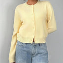 Morwenna | Classic Plain Knit Cardigan – Crew Neck Button Front Long Sleeve