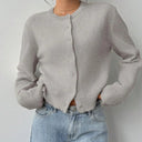 Morwenna | Classic Plain Knit Cardigan – Crew Neck Button Front Long Sleeve