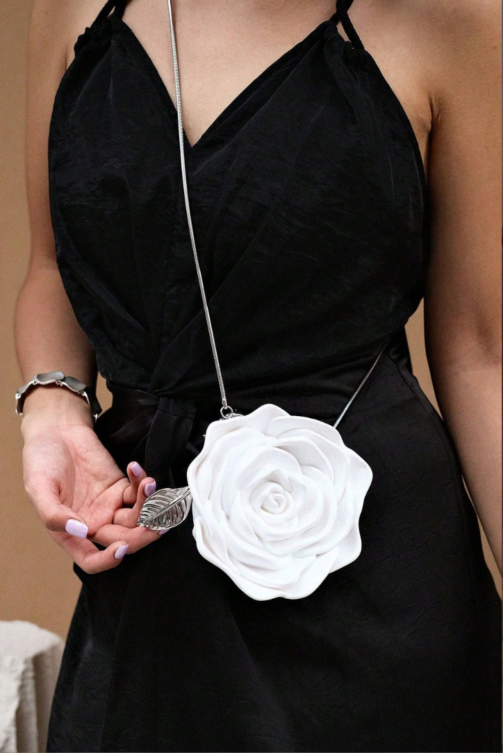 Nadia | Floral Rose Clutch Bag – Evening Sculpted Petal Chain Strap