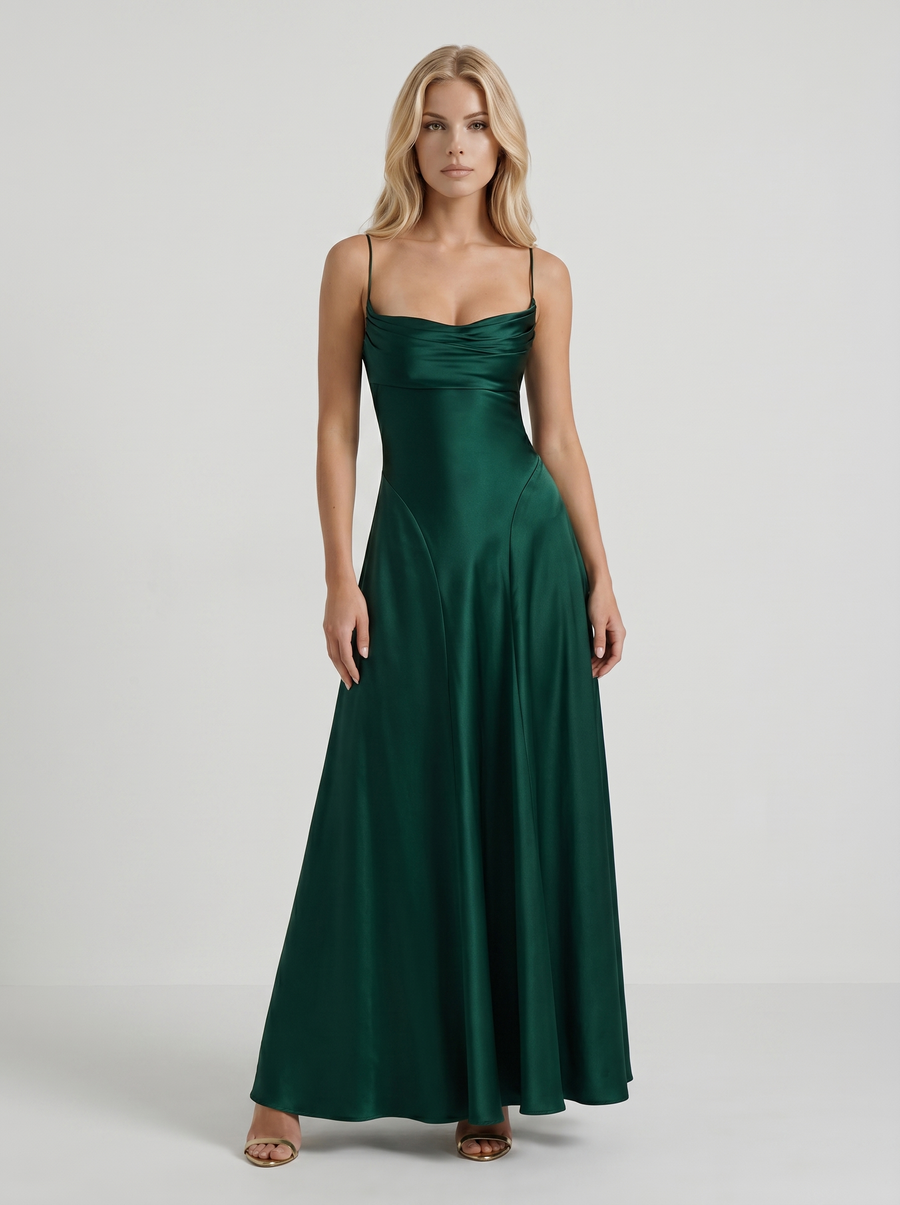Nadine | Satin Maxi Dress – Evening Cowl Neck Spaghetti Strap Draped Front