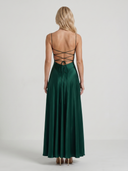 Nadine | Satin Maxi Dress – Evening Cowl Neck Spaghetti Strap Draped Front